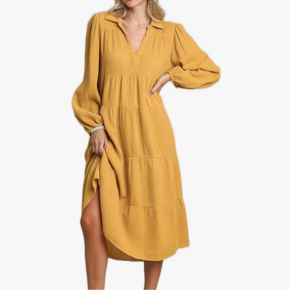 Umgee Gauze Long Sleeve Mustard Yellow Dress New collared Midi Boho